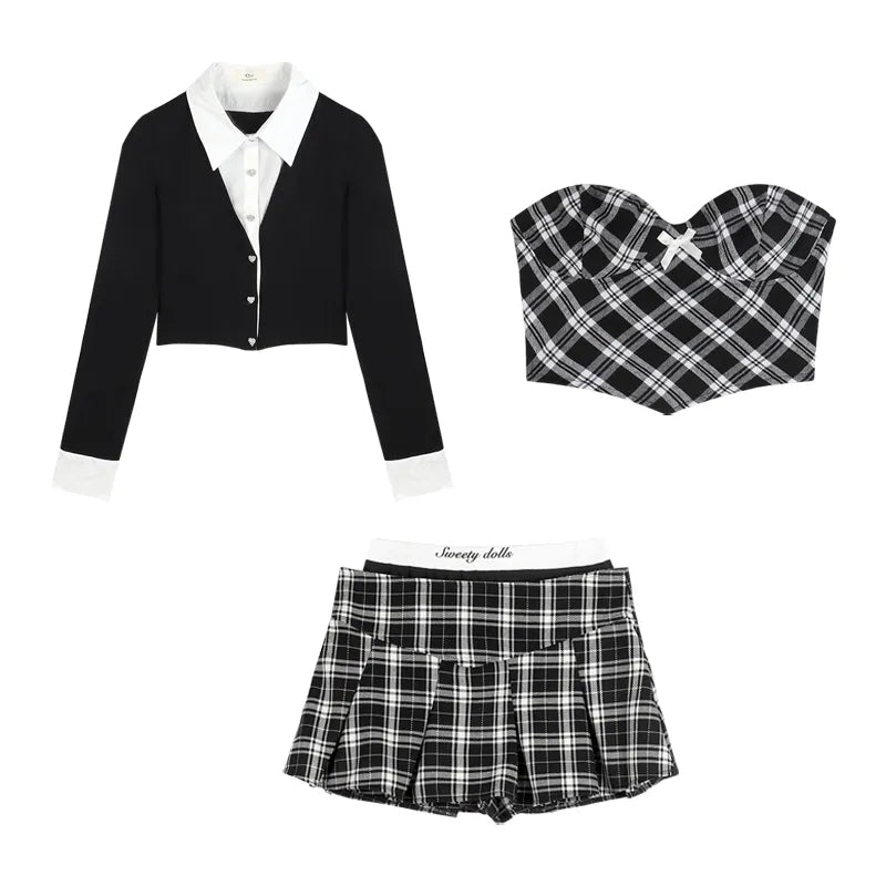 3PCS Plaid Patchwork Camisole + Pleated Skirt + Long Sleeve Shirt