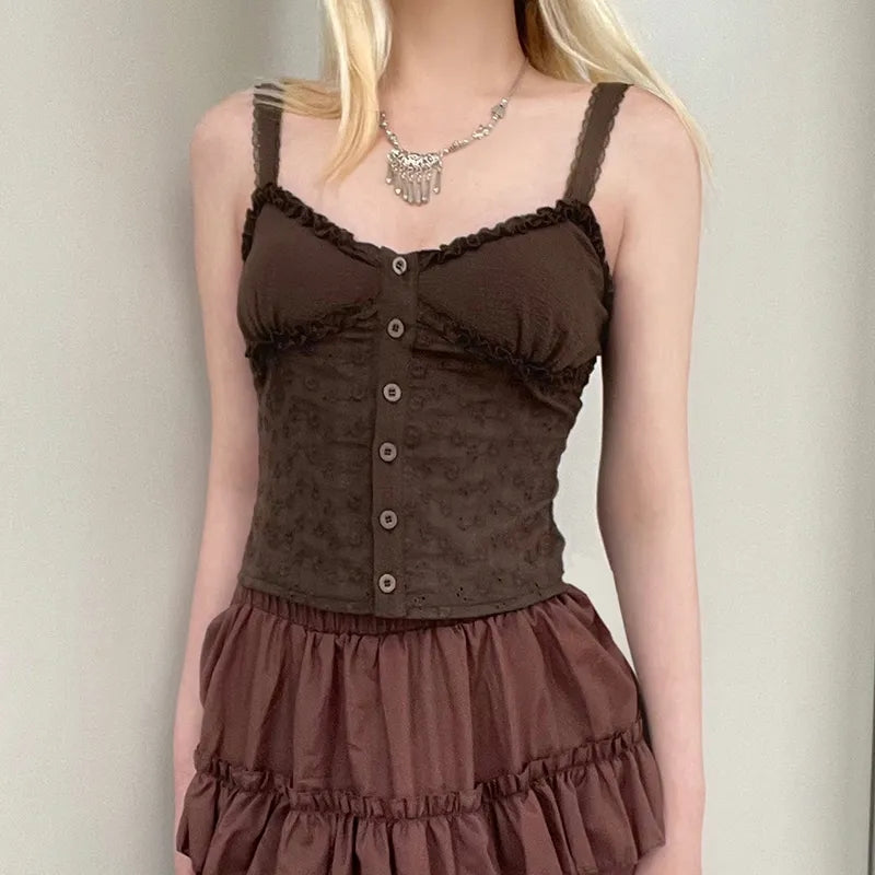Brown Lace Patchwork Crop Top