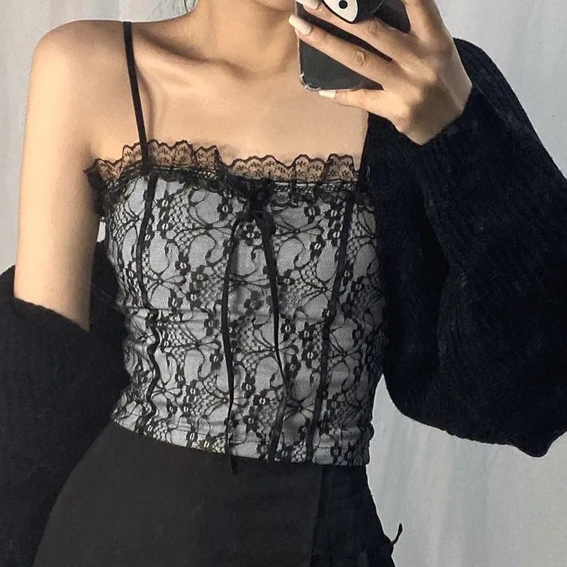 Black Lace Backless Patchwork Camisole