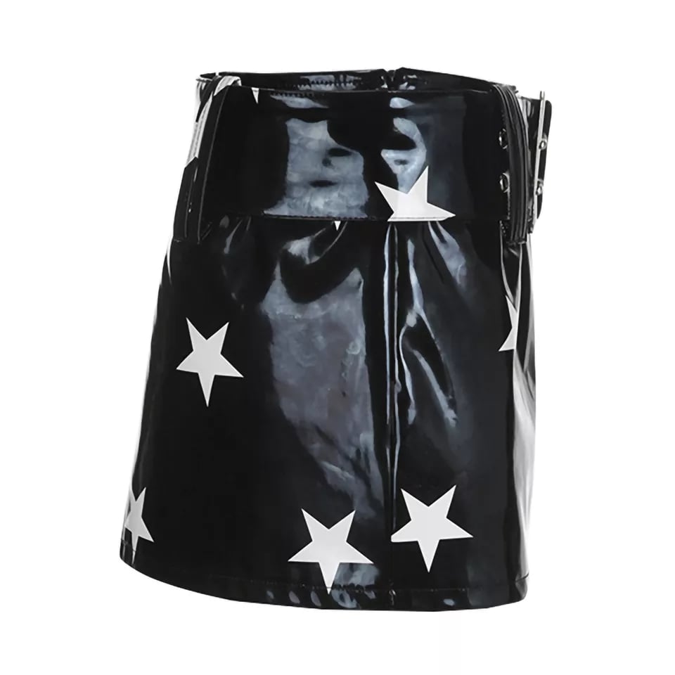 Black PU Glossy Star Print Mini Skirt