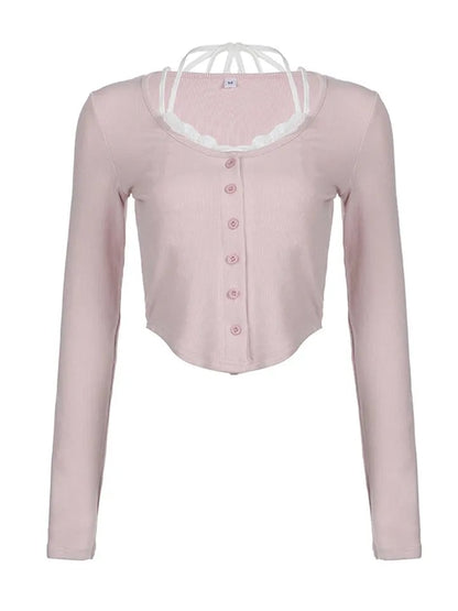 Pink Lace Patchwork Button Crop Top