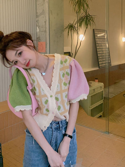Pastel Flower Patchwork Knit Puff Sleeve Blouse