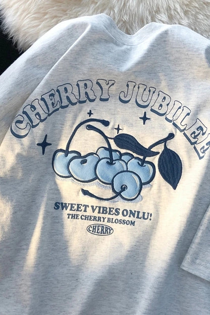Cherry Embroidery Loose Short Sleeve T-shirt