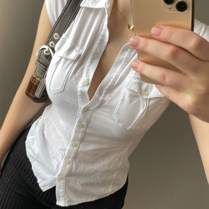 White Pocket Button Down Collar Short Sleeve Shirt