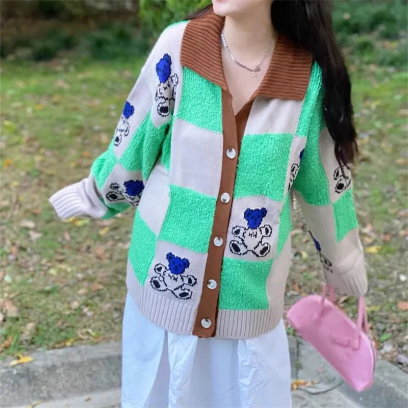 Green & Brown Teddy Bear Patchwork Sweater