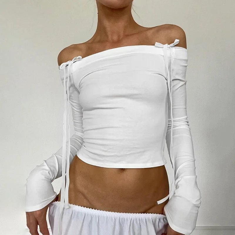 White Bow Off Shoulder Long Sleeve Top