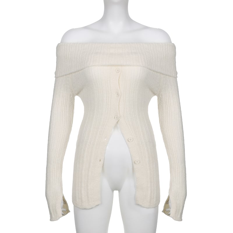 White Button Up Split Slash Neck Sweater