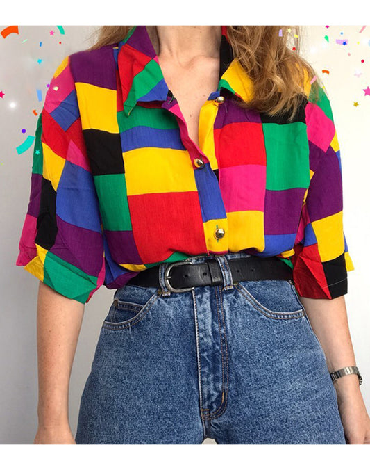 Cute Vintage Geometric Pattern Rainbow Blouse Oversized Short Sleeve Shirt Tee T-shirt E-Girl Kawaii Korean Japanese Harajuku Chinese Retro Streetwear
