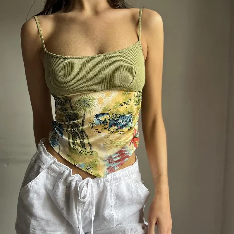 Green Vacation Print Patchwork Tank Top