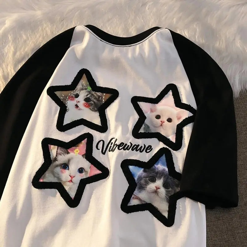 Pink Kawaii Cat Patchwork Short Sleeve T-shirt