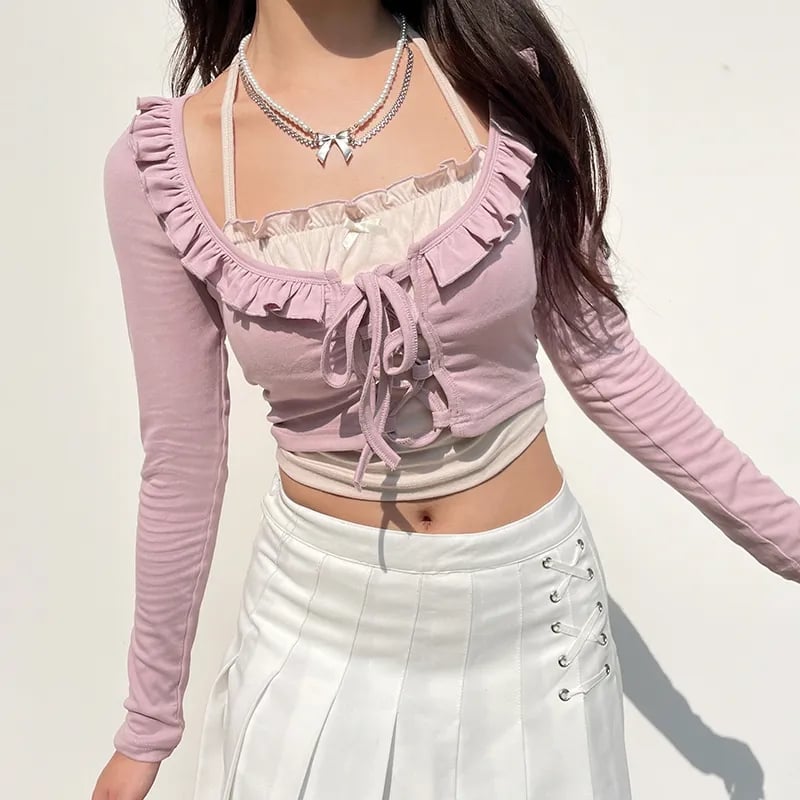 Purple & White Patchwork Ruffle Halter Crop Top
