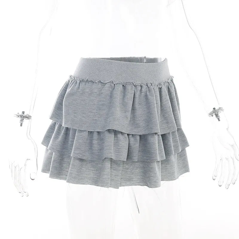 Grey Ruffle Low Rise Pleated Skirt