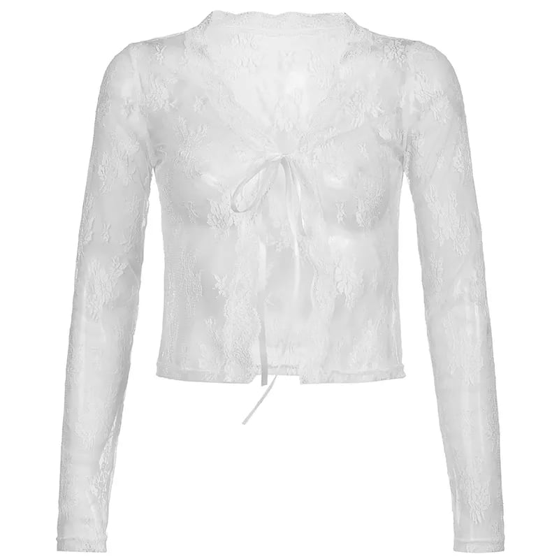 Brown Lace Mesh Tie Up Cardigan
