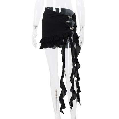Black Butterfly Ruffle Hollow Out Split Mini Skirt