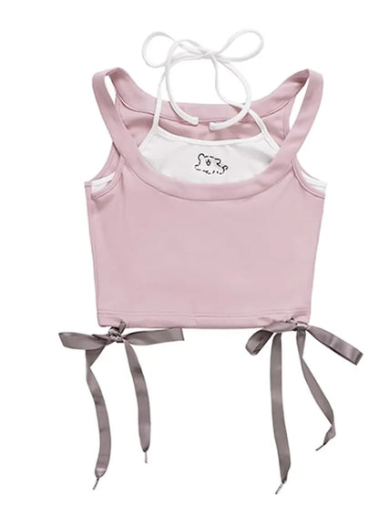 2PCS Dog Print Bow Tie Halter Top