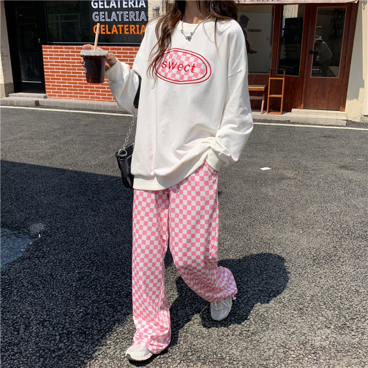 Pink Gingham Loose High Waist Pants