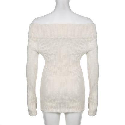 White Button Up Split Slash Neck Sweater
