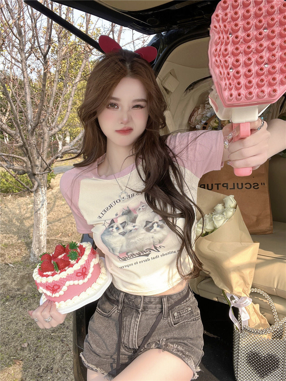 Cat Cartoon Patchwork Print Short Sleeve T-shirt