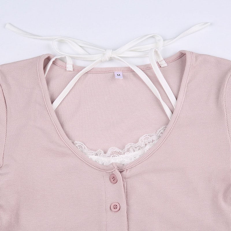 Pink Lace Patchwork Button Crop Top