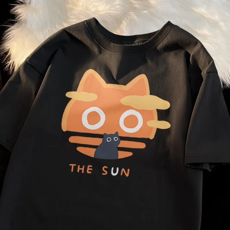 Cat Cartoon Sun Moon Print Short Sleeve T-shirt