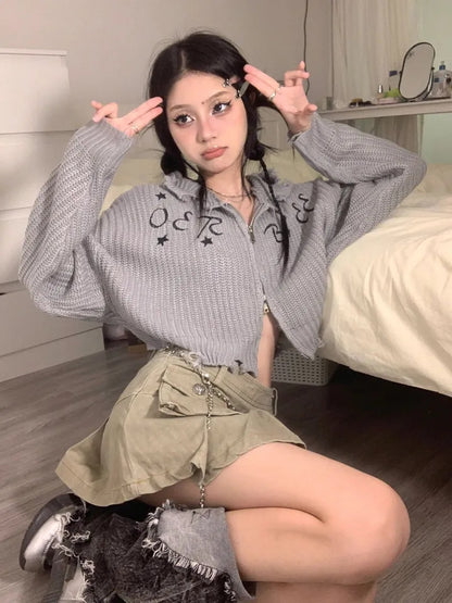 Y2K Grey Knit Loose Cardigan