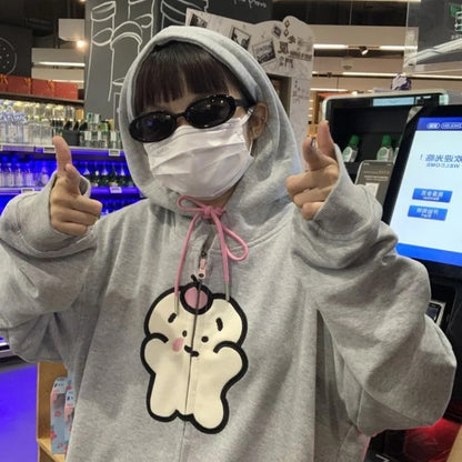Bear Graphic Print Zipper Hoodie