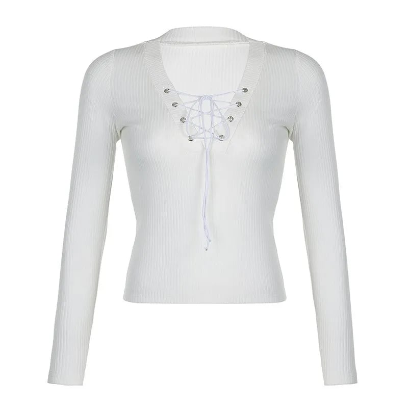White Knit V Neck Long Sleeve Shirt
