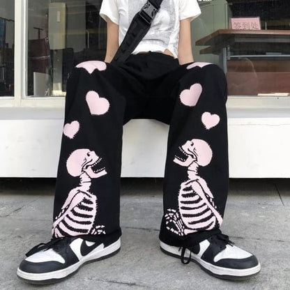 Black Skeleton Print Loose Waist Wide Leg Pants