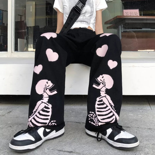 Black Skeleton Print Loose Waist Wide Leg Pants
