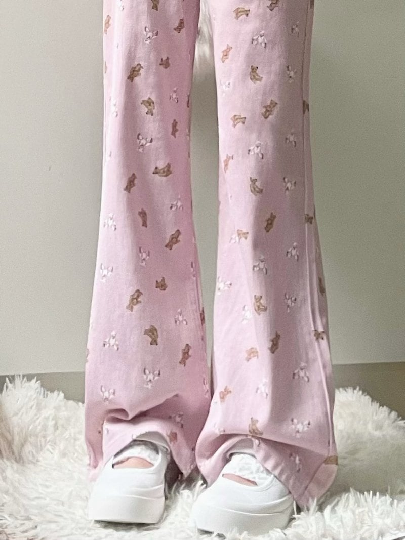 Pink Teddy Bear Print Straight Leg Pants