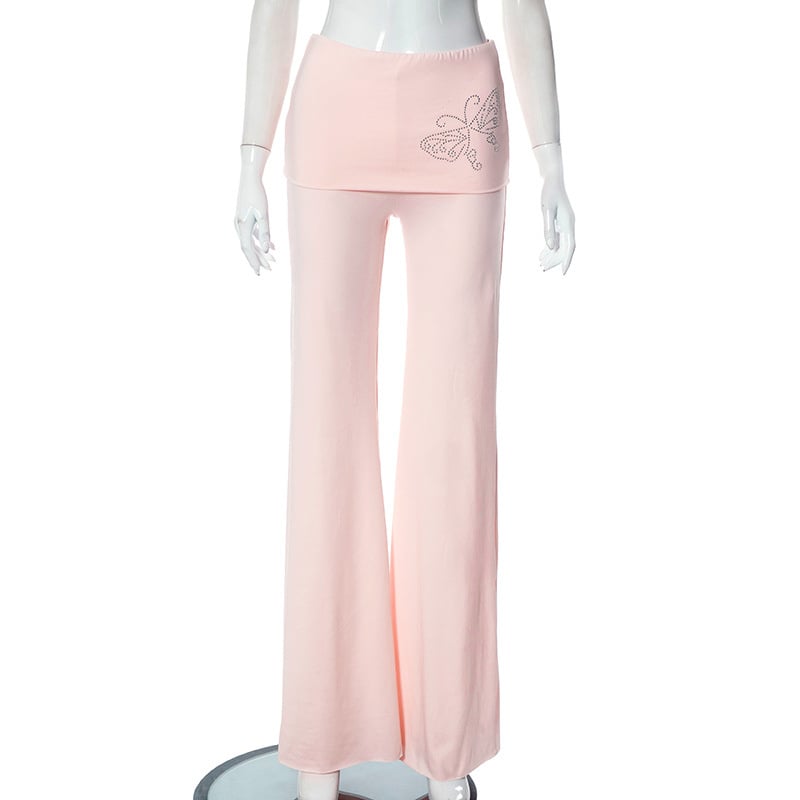 Pink Butterfly Rhinestone Fold Low Rise Flare Pants