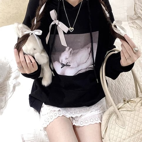 Black Rabbit Bow Loose Hoodie
