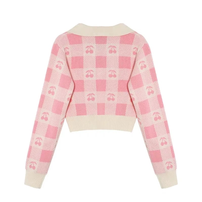 Cherry Plaid Polo Collar Sweater