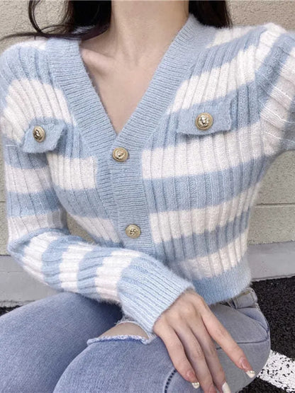 Blue & White Stripe Gold Button Sweater