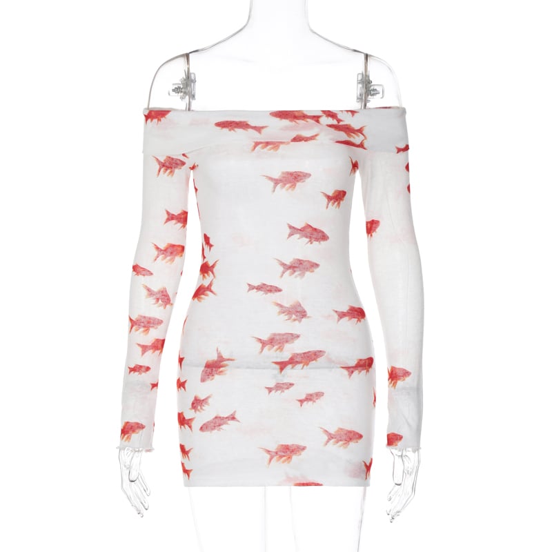 Goldfish Off Shoulder Long Sleeve Mini Dress