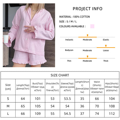 2PCS Pink Ruffle Long Sleeve Shirt + Shorts Pajama Set
