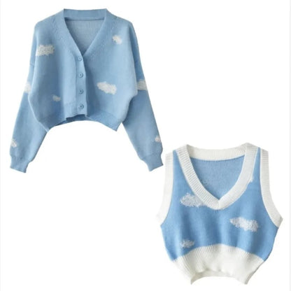 2PCS Blue Sky Cloud Vest + Knit Cardigan
