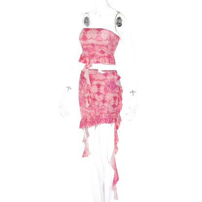 2PCS Pink Irregular Strapless Tube Top + Ruffled Mini Skirt