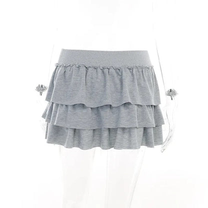 Grey Ruffle Low Rise Pleated Skirt
