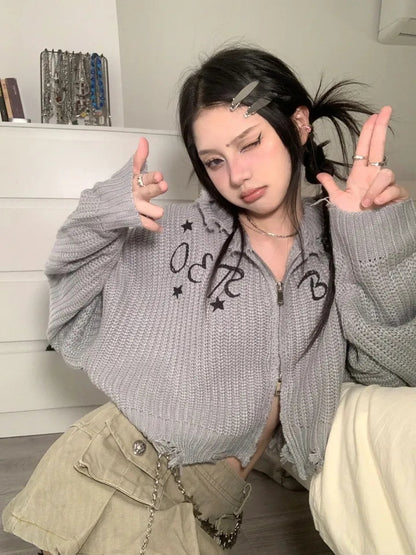 Y2K Grey Knit Loose Cardigan