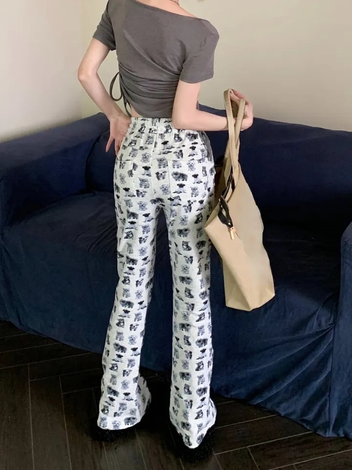 Puppy & Kitten Print Flare Trousers