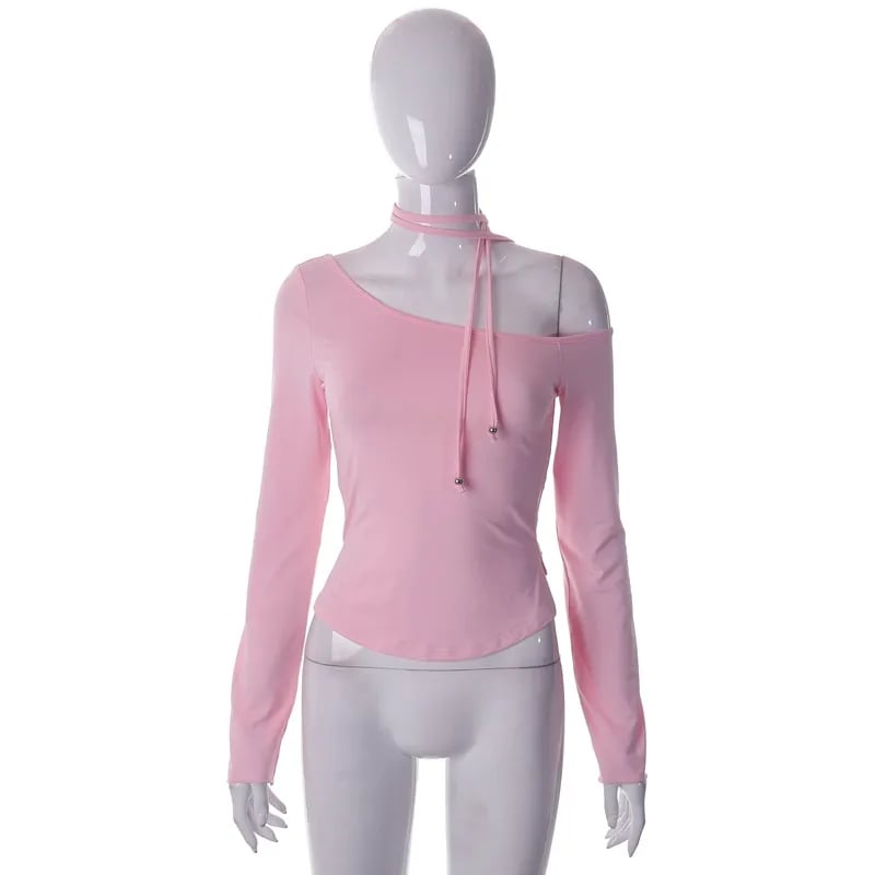 Pink Off Shoulder Long Sleeve Crop Top