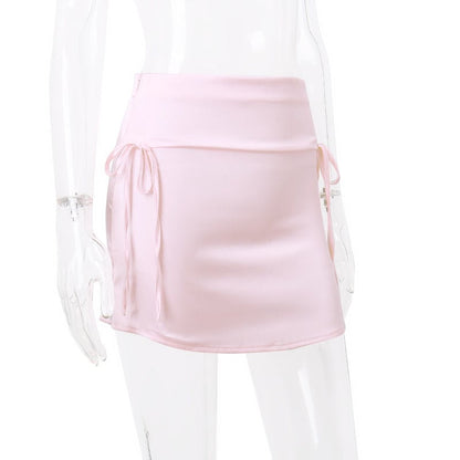 Pink Satin Bow Lace Up Mini Skirt