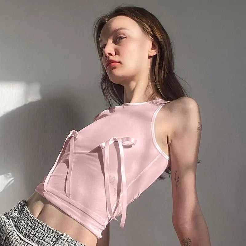 Pink Bow Sleeveless Crop Top
