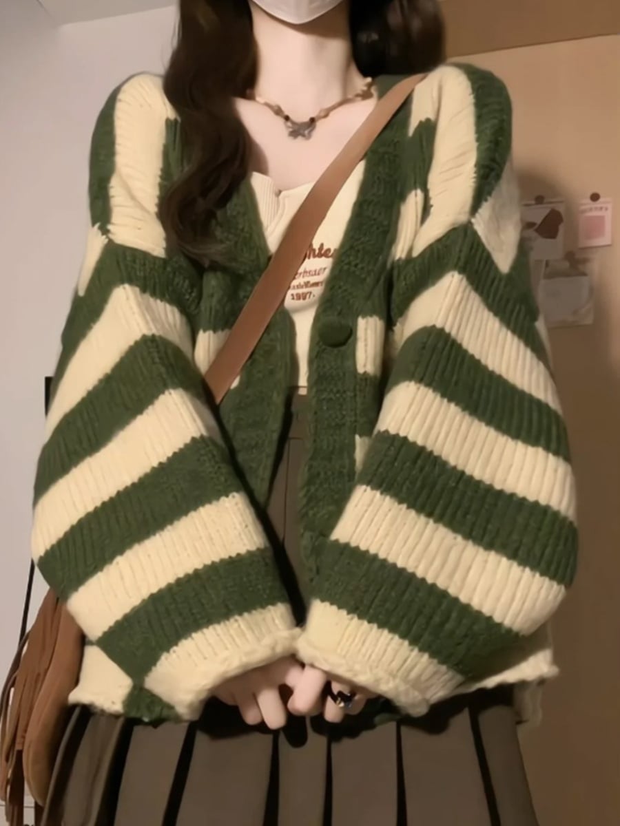 Green Stripe Loose Cardigan