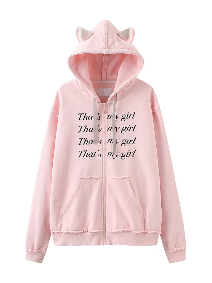 Pink Fluffy Cat Ears Letter Print Sweatshirt