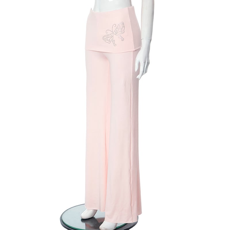 Pink Butterfly Rhinestone Fold Low Rise Flare Pants