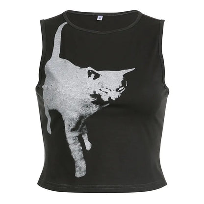 Black Cat Graphic Print Crop Top