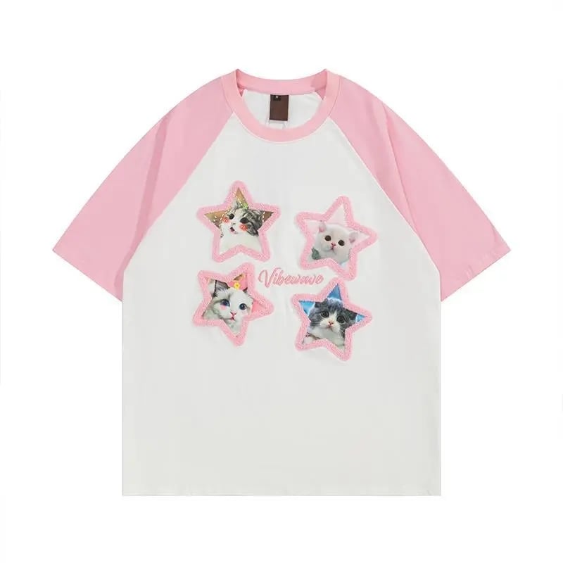 Pink Kawaii Cat Patchwork Short Sleeve T-shirt