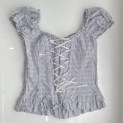 Plaid Milkmaid Ruffle Puff Sleeve Top